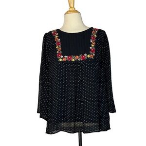 SAVANNA JANE Medium Black Polka Dot Embroidered Cottagecore Peasant Blouse
